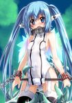  ass_visible_through_thighs bdsm blue_eyes blue_hair blush bondage bound bound_wrists breasts chain collar cuffs fumihiro highres long_hair nymph_(sora_no_otoshimono) open_mouth small_breasts solo sora_no_otoshimono spreader_bar sweat tears tentacles thighhighs twintails very_long_hair 