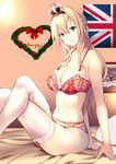  arm_support blonde_hair blue_eyes bra braid breasts collarbone commentary_request crossed_legs crown engrish error eyebrows_visible_through_hair french_braid from_side garter_belt hair_between_eyes headband heart hms_warspite indoors jewelry kantai_collection kuurunaitsu large_breasts long_hair merry_christmas mini_crown navel on_bed open_mouth panties photo_(object) pillow ranguage red_bra red_panties ring sitting smile solo thighhighs underwear underwear_only union_jack warspite_(kantai_collection) wedding_ring white_legwear wreath 