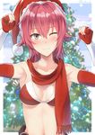  ;) alternate_costume armpits arms_up bare_shoulders belt bikini bikini_top blurry blurry_background blush border breasts brown_eyes christmas christmas_tree cleavage closed_mouth collarbone eyebrows_visible_through_hair fur_trim gloves hair_flaps hair_intakes hat kanden_suki kantai_collection kinu_(kantai_collection) looking_at_viewer medium_breasts navel nose_blush one_eye_closed partly_fingerless_gloves red_bikini_top red_gloves red_hair red_hat red_scarf santa_hat scan scarf short_hair smile solo stomach swimsuit twitter_username upper_body white_border winter 