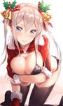  3: all_fours bell bikini black_bikini black_legwear blonde_hair blue_eyes blush breast_hold breasts capelet christmas collarbone eyebrows_visible_through_hair fur_trim gloves gradient gradient_background graf_zeppelin_(kantai_collection) hair_bell hair_between_eyes hair_ornament hair_ribbon ichikei kantai_collection large_breasts long_hair looking_at_viewer red_gloves ribbon sidelocks simple_background solo swimsuit thighhighs twintails 