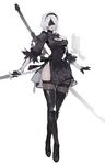 black_blindfold black_dress black_gloves black_legwear blindfold breasts cleavage dress full_body gloves hairband holding holding_sword holding_weapon kishiyo large_breasts mole mole_under_mouth nier_(series) nier_automata panties pod_(nier_automata) silver_hair simple_background solo sword thighhighs underwear weapon white_background white_panties yorha_no._2_type_b 