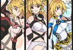  ahoge bare_shoulders blonde_hair boots breasts choker detached_sleeves elbow_gloves gloves long_hair midriff milla_(tales_of_xillia_2) milla_maxwell multicolored_hair navel red_eyes skirt smile tales_of_(series) tales_of_xillia tales_of_xillia_2 