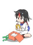  bad_end barefoot black_hair bow chemicals christmas commentary cross_eyed dress expressionless gift highres horns jitome kijin_seija multicolored_hair red_eyes red_hair shaded_face sitting solo touhou unachika wariza white_background white_hair 