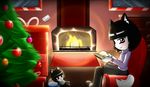  2016 anthro armchair black_eyes black_fox black_hair blush book canine chair christmas clothed clothing doll female fireplace fox hair holidays inside kenjikanzaki05 mammal nastypoke_(character) sitting solo 