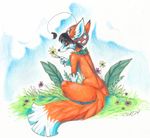  2014 4_fingers bare_back black_hair brown_eyes canine female fox fur grass hair mammal nude orange_fur outside sitting smile traditional_media_(artwork) wide_hips zenirix 