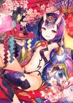  alcohol animal bangs bare_shoulders bottle breasts bug butterfly commentary_request cup fangs fate/grand_order fate_(series) fingerless_gloves fuji_choko gloves holding holding_bottle horns insect looking_at_viewer medium_breasts navel oni oni_horns parted_lips purple_eyes purple_hair revealing_clothes sakazuki sake sake_bottle short_hair shuten_douji_(fate/grand_order) teeth thick_eyebrows 
