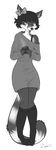  2014 anthro black_hair cat clothed clothing feline female greyscale hair hybrid lemur mammal monochrome primate simple_background solo standing white_background zenirix 