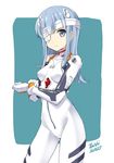  aqua_background artist_name ayanami_rei ayanami_rei_(cosplay) bandage_over_one_eye bandages bangs blue_eyes blue_hair blunt_bangs bodysuit bracer breasts clenched_hand closed_mouth contrapposto cosplay cowboy_shot dated expressionless eyepatch flipped_hair from_side gloves hatsukaze_(kantai_collection) headgear kantai_collection long_hair looking_at_viewer neon_genesis_evangelion number out_of_frame pilot_suit plugsuit sidelocks signature small_breasts standing taishi_(moriverine) turtleneck two-tone_background white_background white_bodysuit 