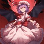 amino_(tn7135) ascot bat_wings cloud commentary_request dress frilled_dress frills full_moon grin hat hat_ribbon highres mob_cap moon purple_hair red_eyes red_moon red_sky remilia_scarlet ribbon ribbon-trimmed_sleeves ribbon_trim sky slit_pupils smile solo touhou wings wrist_cuffs 