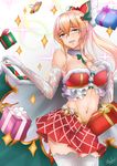  absurdres bare_shoulders blonde_hair bow box breasts christmas collarbone detached_sleeves empty_eyes gift gift_box glasses gloves gradient gradient_background granblue_fantasy hair_between_eyes hair_bow hair_ribbon highres kneeling large_breasts lips long_hair looking_at_viewer midriff navel nekobox open_mouth pleated_skirt ponytail red_eyes ribbon skirt solo thighs vira_lilie white_gloves white_legwear 