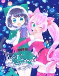  2016 2girls artist_request black_hair character_request christmas cyan_(show_by_rock!!) furry green_eyes long_hair merry_christmas multiple_girls open_mouth show_by_rock!! 