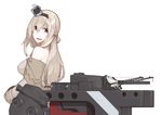  bad_id bad_pixiv_id blonde_hair blue_eyes braid crown dress french_braid hairband highres kantai_collection long_hair looking_back machinery mikoto_(oi_plus) mini_crown off-shoulder_dress off_shoulder open_mouth solo turret warspite_(kantai_collection) weapon white_dress 