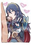  1girl armor bad_id belt blue_eyes blue_hair blush cape censored cum cum_in_mouth fellatio fingerless_gloves fire_emblem fire_emblem:_kakusei gloves heart lucina oral pauldrons penis solo_focus sweat tiara umayahara0130 v 