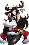  alternate_breast_size arms_up arulumaya black_gloves breasts brown_eyes brown_hair christmas elbow_gloves gloves granblue_fantasy horns huge_breasts large_breasts long_hair mole mole_under_eye pantyhose simple_background solo thighs torii5011 white_background wide_hips 