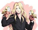  bad_id bad_pixiv_id baka_ki_el_dogra black_shirt blonde_hair blue_eyes closed_mouth frown fujiwara hand_puppet level_e long_hair long_sleeves male_focus puppet shirt sketch solo underwear wavy_hair 