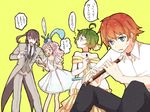  2boys 2girls ahoge bare_shoulders blue_eyes breasts choker dress farah_oersted frills green_hair instrument keele_zeibel long_hair meredy multiple_boys multiple_girls necktie open_mouth pants pink_hair ponytail purple_eyes purple_hair quickie red_hair rid_hershel short_hair suit tales_of_(series) tales_of_eternia yellow_background yellow_eyes 