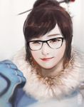  ;) asian bangs black-framed_eyewear blue_coat blue_gloves brown_eyes brown_hair clenched_hand closed_mouth commentary face fur_trim glasses gloves hair_bun hair_ornament hair_stick jiayue_wu lips looking_at_viewer mei_(overwatch) one_eye_closed overwatch photo-referenced pun realistic short_hair smile solo swept_bangs upper_body wings 