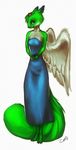  anthro barefoot blue_eyes clothed clothing dress feathered_wings feathers fur green_fur mammal rodent simple_background smile squirrel standing white_background white_feathers wings zenirix 