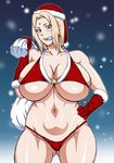  1girl blonde_hair breasts bursting_breasts christmas condom highres huge_breasts naruho naruto tsunade 