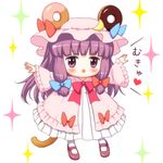  :3 animal_ears bebeneko chibi doughnut food hat long_hair looking_at_viewer mary_janes mob_cap mouse_ears mouse_tail mukyuu open_mouth patchouli_knowledge purple_hair shoes solo sparkle tail touhou translated 