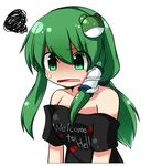  bare_shoulders black_shirt clothes_writing cosplay eyebrows_visible_through_hair frog frog_hair_ornament green_eyes green_hair hair_ornament hair_tubes hecatia_lapislazuli hecatia_lapislazuli_(cosplay) highres katsumi5o kochiya_sanae long_hair no_nose off-shoulder_shirt open_mouth rectangular_mouth shirt simple_background snake snake_hair_ornament solo squiggle sweatdrop t-shirt touhou 