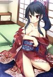  alternate_costume bare_shoulders black_hair breasts cleavage collarbone commentary_request covering covering_breasts hair_ornament japanese_clothes kantai_collection kimono large_breasts looking_at_viewer ponytail red_eyes seiza sheita shouji sitting sliding_doors solo tatami yahagi_(kantai_collection) 