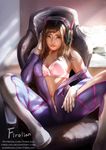  animal_print artist_name asian bangs blue_bodysuit bodysuit boots bow bow_bra bra bracer breasts brown_eyes brown_hair bunny_print chair couch d.va_(overwatch) facepaint facial_mark firolian gloves hand_on_headphones headphones high_collar highres indoors light_rays light_smile lips long_hair looking_at_viewer navel nose off_shoulder office_chair overwatch panties parted_lips pilot_suit pink_bra pink_panties realistic ribbed_bodysuit shoulder_pads signature sitting skin_tight small_breasts solo spread_legs swept_bangs underwear unzipped watermark wavy_hair web_address whisker_markings white_footwear white_gloves 
