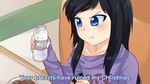 black_hair blue_eyes bottle christmas cookies dfc-tan drawfag english oomuro_sakurako parody pout shirt text yuru_yuri 