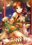  bare_shoulders blush breasts brown_eyes brown_hair dress flower hair_flower hair_ornament highres idolmaster idolmaster_cinderella_girls idolmaster_cinderella_girls_starlight_stage japanese_clothes long_hair looking_at_viewer ment petals skirt_hold sky small_breasts smile solo star_(sky) starry_sky takamori_aiko 
