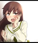  :d angry bangs blush brown_hair clenched_hand gradient gradient_background hand_on_own_cheek ikari_manatsu kantai_collection letterboxed long_hair looking_at_viewer neckerchief ooi_(kantai_collection) open_mouth remodel_(kantai_collection) school_uniform serafuku smile solo tearing_up upper_body v-shaped_eyebrows 