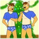  beard building canine christmas clothing coyote facial_hair fangs father fuze holidays mammal parent plad son tree underwear 