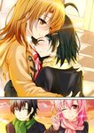  3girls ahoge blush brown_eyes brown_hair crying eyebrows_visible_through_hair green_scarf hair_between_eyes hair_bun highres hikigaya_hachiman hikigaya_komachi hug isshiki_iroha multiple_girls mutual_hug one_eye_closed pink_hair pink_scarf red_sky scarf short_hair sky yahari_ore_no_seishun_lovecome_wa_machigatteiru. yellow_scarf yuigahama_yui yuu_(oosakazaijyuu) 