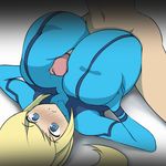  1girl animated animated_gif blonde_hair blue_eyes blush bodysuit breasts futanari huge_breasts metroid paizuri penis samus_aran sinensian 
