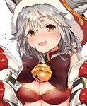  :3 :d animal_ears bangs bell blush breasts brown_eyes claw_(weapon) claws ears_through_headwear erune fangs flying_sweatdrops granblue_fantasy grey_hair hair_between_eyes hood ichihaya jingle_bell looking_at_viewer medium_breasts open_mouth sen_(granblue_fantasy) short_hair simple_background smile solo upper_body weapon white_background 
