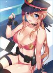  badge bare_shoulders belt bikini black_gloves black_legwear blue_eyes blush breasts brown_hair choker dengeki_moeou eyewear_removed fingerless_gloves front-tie_bikini front-tie_top gloves hair_between_eyes hair_ribbon hat highres holding holding_eyewear holster large_breasts low_ponytail matarou_(genkai_toppa) mole mole_under_eye non-web_source pink_bikini police police_badge police_uniform policewoman ribbon side-tie_bikini sidelocks sitting smile solo sunglasses swimsuit thigh_holster thigh_strap thighhighs uniform utility_belt walkie-talkie 