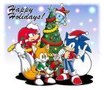  absurdres box chao_(sonic) christmas christmas_ornaments christmas_tree furry gift gift_box gloves hat highres knuckles_the_echidna male_focus multiple_boys official_art sack santa_costume santa_hat shoes sneakers sonic sonic_the_hedgehog tails_(sonic) white_gloves 
