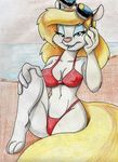  animaniacs anthro beach bikini blonde_hair breasts clothing eyeshadow eyewear female fur fureverick_(artist) hair makeup mammal minerva_mink mink mustelid navel nipple_bulge seaside solo sunglasses swimsuit white_fur 