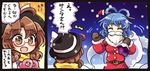  2girls blue_hair brown_eyes brown_hair christmas closed_eyes fake_beard fake_facial_hair glasses hair_ornament hair_rings hair_stick hat kaku_seiga mittens multiple_girls plaid pote_(ptkan) sack santa_costume santa_hat short_hair smile they_had_lots_of_sex_afterwards touhou translated twintails usami_sumireko vest 