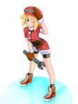  1girl big_hat bike_shorts black_socks blonde_hair gloves green_eyes hot_pants red_hat red_shorts rockman rockman_dash roll_caskett short_sleeves shorts smile solo unitard 