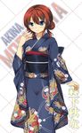  absurdres blue_eyes brown_hair commentary_request double_bun highres japanese_clothes kimono long_hair looking_at_viewer obi original sash sheita smile solo 