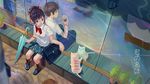  1girl 2016 animal artist_name bag black_hair black_legwear blurry blurry_background brown_eyes brown_hair cat commentary copyright_name damiaodi dated different_reflection hair_ribbon kimi_no_na_wa kneehighs md5_mismatch mirror miyamizu_mitsuha red_ribbon reflection ribbon school_uniform sitting tachibana_taki umbrella wrist_ribbon 