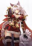  2016 alternate_costume animal_ears backless_outfit bangs bell black_gloves black_legwear bow bowtie box braid breasts cleavage commentary_request cowboy_shot dated elbow_gloves erune fur_trim gift gift_box gloves granblue_fantasy hair_tubes hairband heles kigawa_rin long_hair looking_at_viewer medium_breasts parted_lips pauldrons purple_eyes red_bow red_legwear red_neckwear sack sidelocks silver_hair single_braid solo standing thighhighs twitter_username vambraces very_long_hair 
