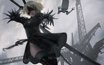  arm_up artist_name backlighting black_blindfold black_dress black_gloves blindfold blonde_hair breasts cleavage cleavage_cutout cowboy_shot dress from_below gloves grey_background hairband holding holding_sword holding_weapon lips medium_breasts mole mole_under_mouth nier_(series) nier_automata outstretched_arm panties panty_peek parted_lips pod_(nier_automata) puffy_sleeves robot short_dress short_hair side_slit silver_hair sketch sword thighhighs underwear vambraces weapon white_panties wlop yorha_no._2_type_b 