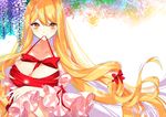  bangs bare_shoulders between_breasts blonde_hair bow breasts closed_mouth collarbone detached_sleeves eyebrows_visible_through_hair fingernails floating_hair flower frills glowing large_breasts light_particles long_hair looking_at_viewer mouth_hold red_bow red_ribbon ribbon ribbon_in_mouth roh_nam_kyung shiny shiny_hair shiny_skin sleeves_past_elbows smile solo touhou upper_body very_long_hair white_background wide_sleeves wisteria yakumo_yukari yellow_eyes 