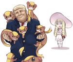  1girl :o bag bangs blonde_hair blunt_bangs blurry braid clenched_teeth closed_eyes collared_dress d: depth_of_field donald_trump dress duffel_bag formal gen_7_pokemon gradient green_eyes hat head_tilt holding holding_strap lillie_(pokemon) long_hair look-alike open_mouth poke_ball_theme pokemon pokemon_(creature) pokemon_(game) pokemon_sm politician real_life shaded_face sharp_teeth short_hair simple_background sleeveless sleeveless_dress suit sukemyon sun_hat sundress surprised sweat teeth trait_connection twin_braids white_dress yungoos 