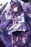  akemi_homura black_eyes black_hair crying crying_with_eyes_open gendo0032 gun handgun holding long_hair looking_at_viewer mahou_shoujo_madoka_magica pantyhose pleated_skirt pointing pointing_at_self skirt solo streaming_tears tears torn_clothes torn_legwear very_long_hair weapon 