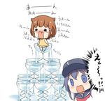  akatsuki_(kantai_collection) brown_hair chibi commentary crying cup drinking_glass flat_cap hair_ornament hairclip hat ikazuchi_(kantai_collection) kantai_collection kotanu_(kotanukiya) long_hair multiple_girls open_mouth purple_eyes purple_hair short_hair stacking surprised tears wavy_mouth what younger 