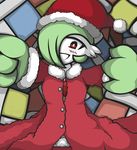  christmas gardevoir green_hair hair_over_one_eye nintendo no_humans pokemon pokemon_(creature) pokemon_(game) present red_eyes santa_costume santa_hat short_hair smile 