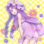  ama-tou ass bare_shoulders bloomers bow flower hair_bow hair_ribbon hat leaning_forward long_hair looking_at_viewer mob_cap pajamas patchouli_knowledge purple_eyes purple_hair ribbon solo touhou underwear white_bloomers 