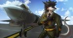  aircraft airplane anthro black_fur black_hair blue_eyes clothed clothing discordnight f-22 formal fur hair hi_res jet male multicolored_fur sergalsolo shinjody sky suit uniform white_fur 